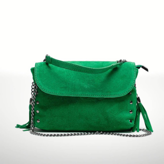 Green Italian Suede Leather Shoulder Purse with Fixed Leather Chain Strap