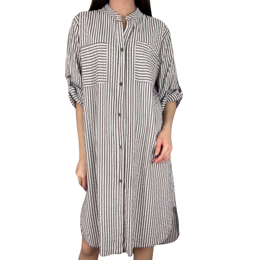 Long Brown and White Stripped Italian Cotton Button Down Collarless Long Sleeve Shirt Dress