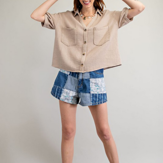 Mushroom Colored Cotton Gauze Mineral Washed Top