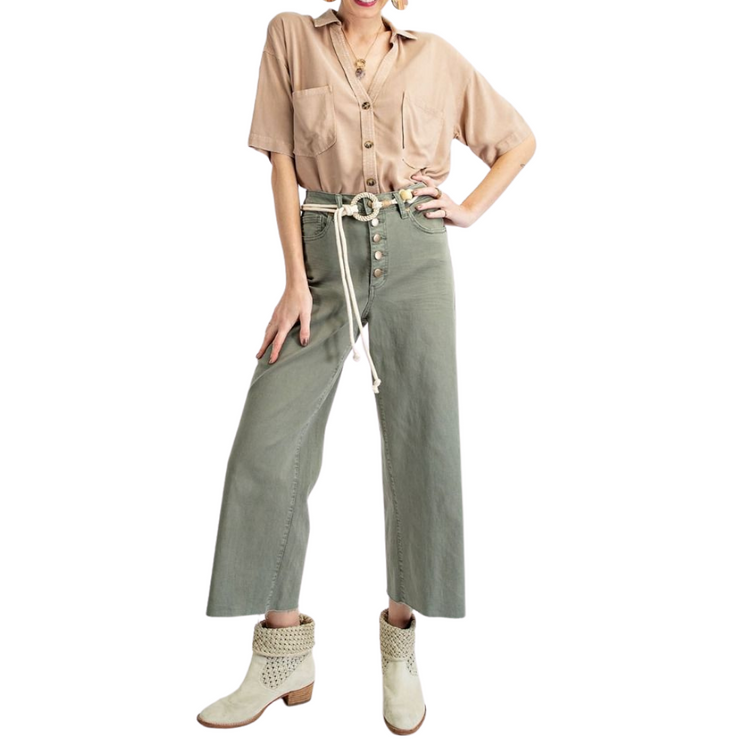 Olive Sage Button Front Wide Leg Raw Hem Cropped Twill Pants