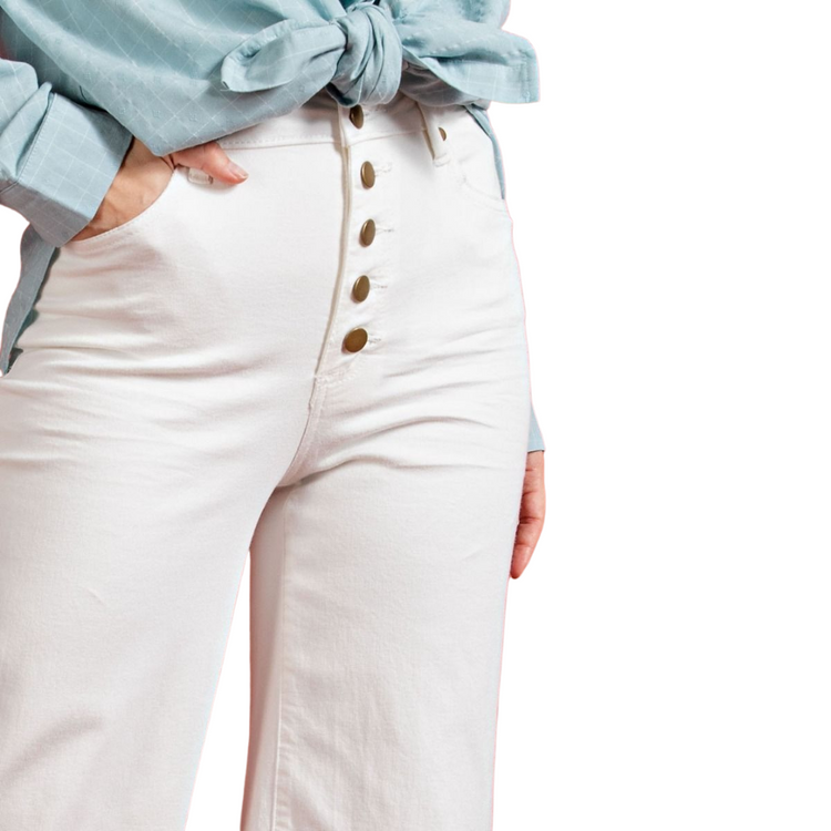 White Button Front Wide Leg Raw Hem Cropped Twill Pants