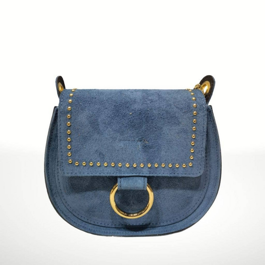 Blue Italian Suede Leather Classic Saddle Bag Crossbody Purse with Gold Studded Accents