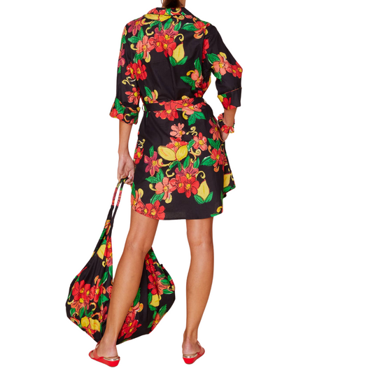 Belted Black with Floral and Citrus Print Embellished Button Down Shirt Dress