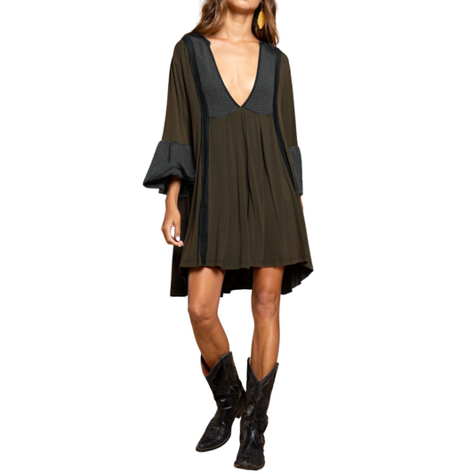 Deep Teal V-Neck Bell Sleeve Loose Tunic Top Dress