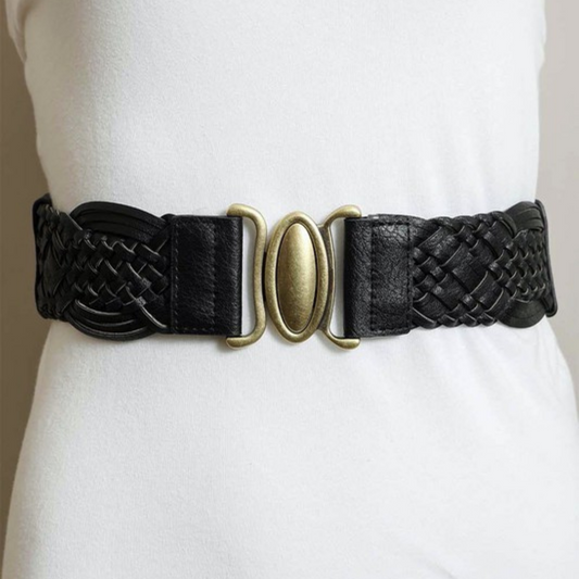 Black Thick Braided Belt with Brass Oval Buckle