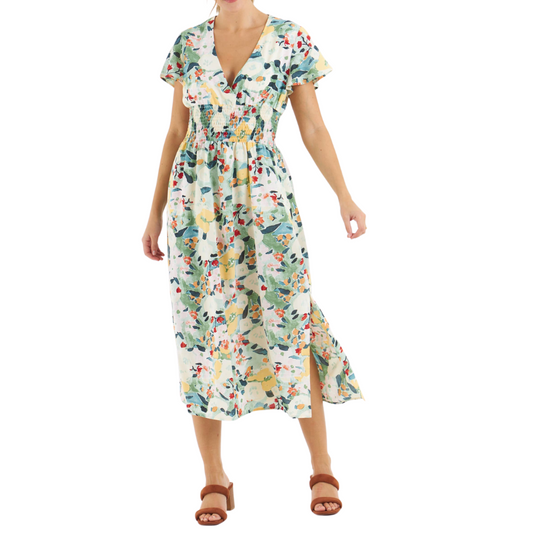 V-Neck Floral Midi Sundress with Wide Elastic Waist and Bell Short Sleeves