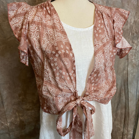 Mauve Taupe and Cream Bandana Pattern Ruffled Tie Front Top.