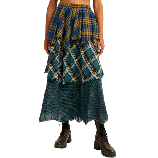 Green Plaid Asymmetrical Tiered Maxi Skirt