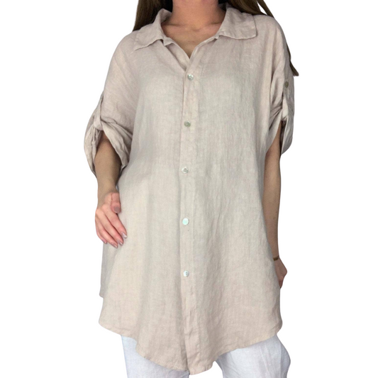 Long Beige Italian Linen Button Down Long Sleeve Top