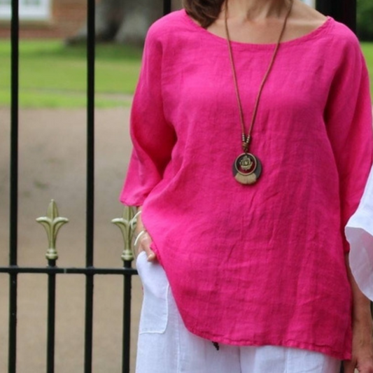 Fuchsia Plain Linen Tunic with Necklace