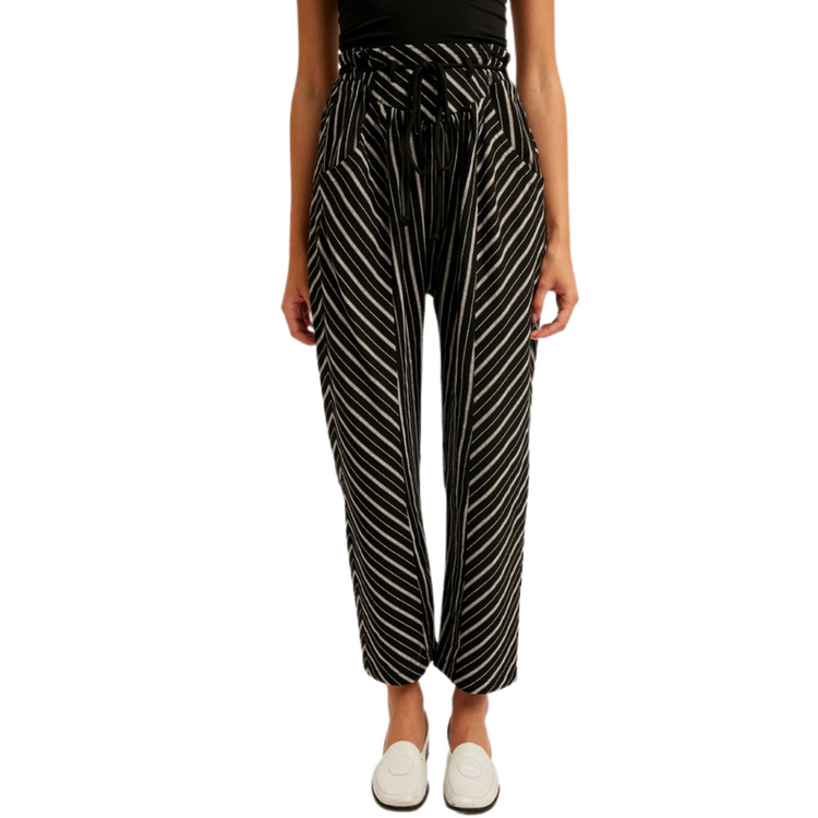 Black White Multi Striped Paper Bag Elastic Waist Baggy Pants