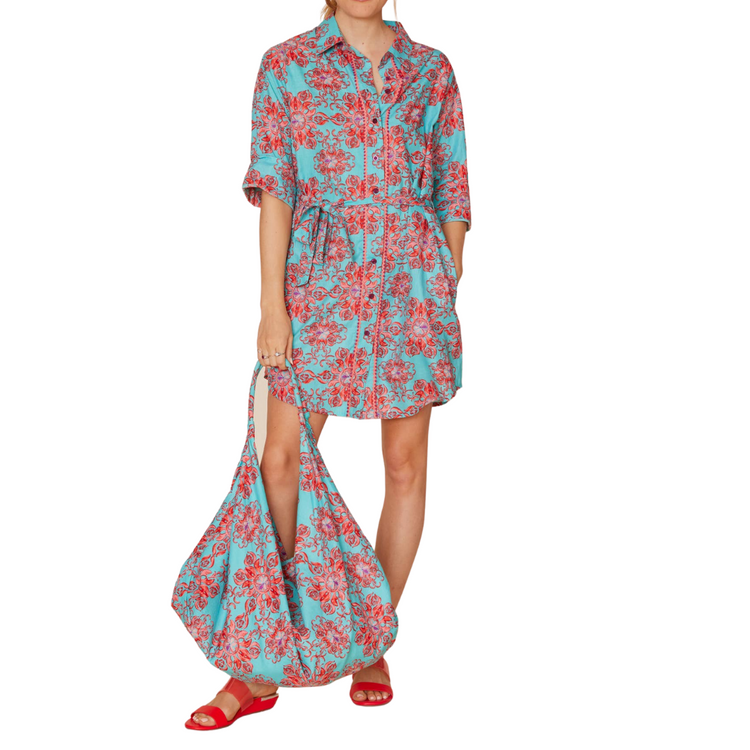 Belted Turquoise with Coral Floral Print Embellished Button Down Shirt Dress