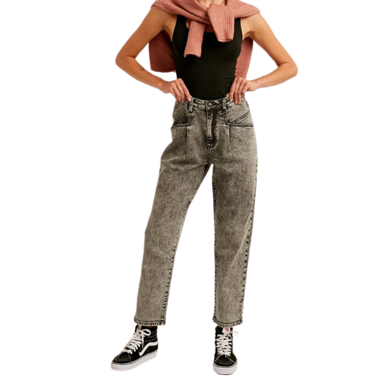 Charcoal Acid Washed Pleated Mom Jeans