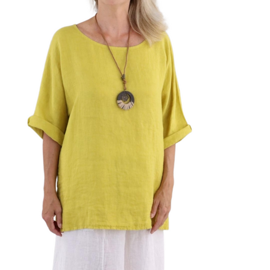 Mustard Yellow Plain Linen Tunic with Necklace