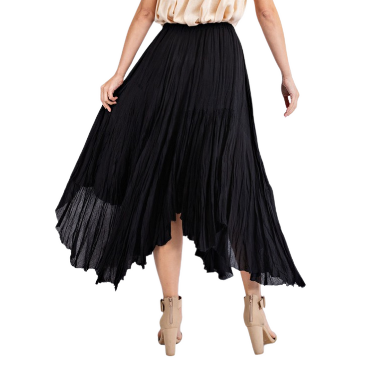 Black Silky Chiffon Pleated Asymmetrical Maxi Skirt