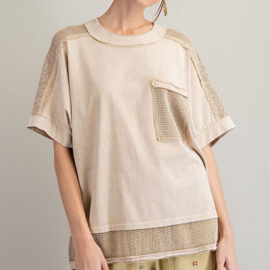 Khaki Cotton with Fishnet Mesh Detail Mineral Washed Loose Boxy Top