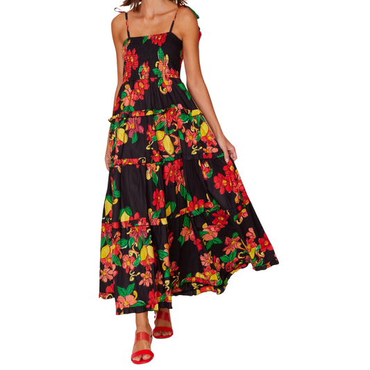 Black with Floral Citrus Print Smocked Spaghetti Strap Tiered Ruffled Maxi