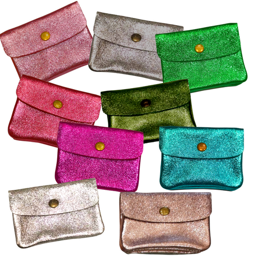 Compact Metallic Italian Leather Wallet Coin Purse in Various Colors