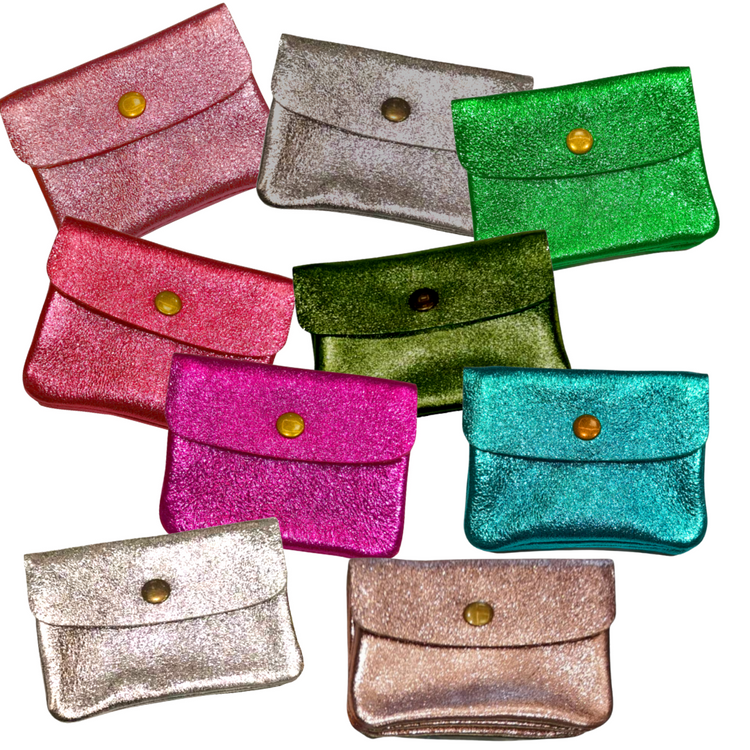 Small Metallic Italian Leather Coin Purse with Popper