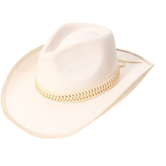 Ivory Felt Faux Suede Cowboy Cowgirl Hat with Thick Ivory Braided Hat Band