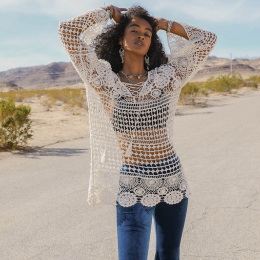 White Crochet Tunic Top with Lace Up Neck