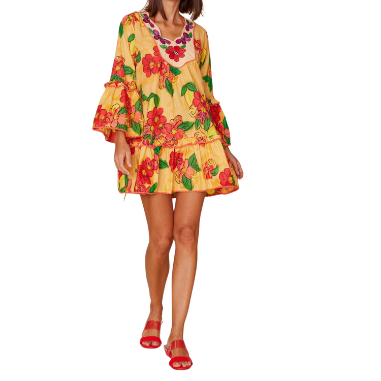 Bell Sleeve Orange with Floral Citrus Print Mini Dress with Bottom Ruffle Detail