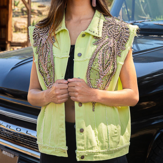 Neon Lime Beaded Embellished Lace Sleeveless Twill Vest