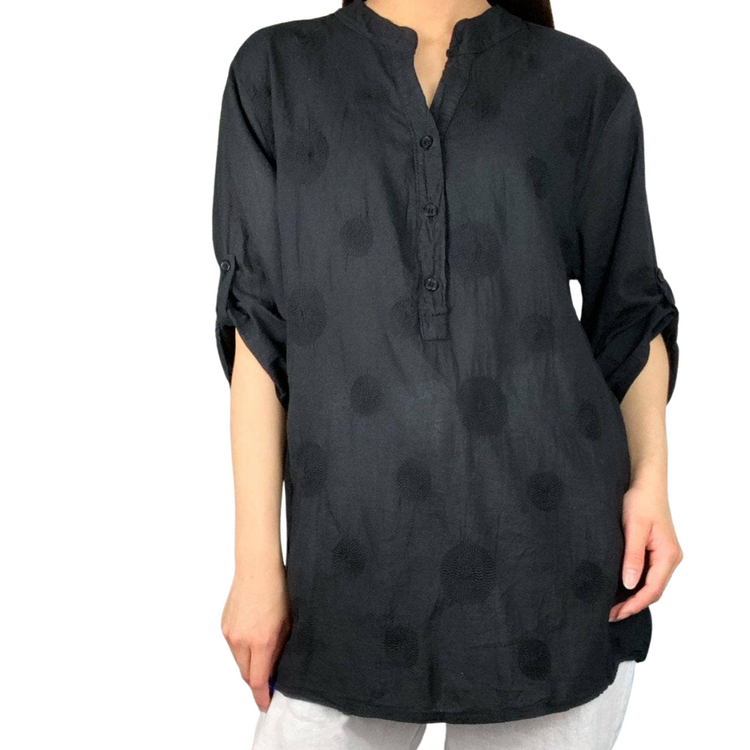 Faded Black Embroidered Circles Detail Italian Collarless Long Sleeve V-Neck Shirt