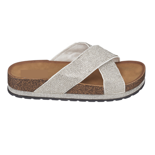 Silver Bling Footbed Comfy Cork Slide Sandal