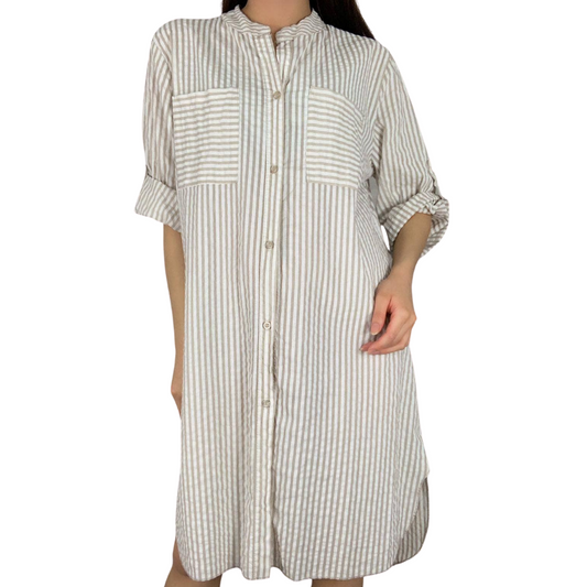 Long Beige and White Stripped Italian Cotton Button Down Collarless Long Sleeve Shirt Dress