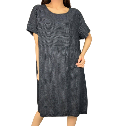 Black and Gray Stripped Short Sleeve Wide Waist Knee Length Dress