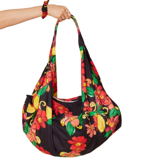 Black with Floral and Citrus Print Crescent-Shaped Hobo Banana Summer Bag