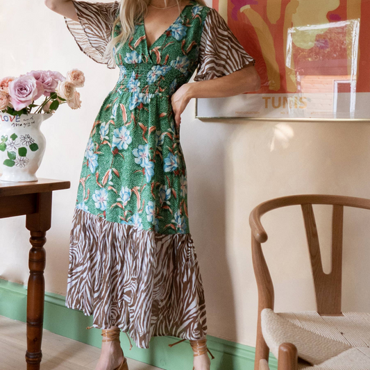 Mid to Maxi Double Printed Dress with Short Kimono Sleeves