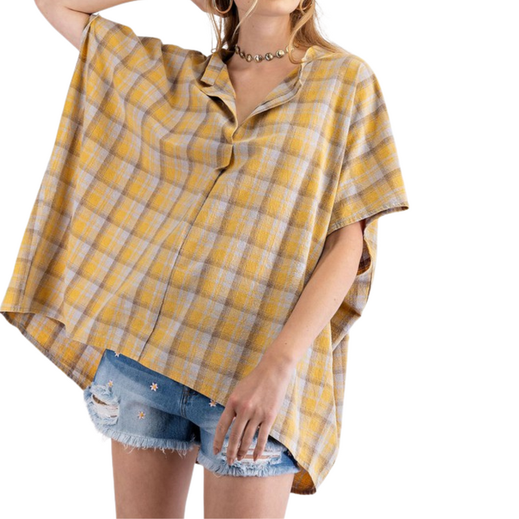 Mineral Wash Mustard Yellow Taupe Plaid Loose Fit V-Neck Top