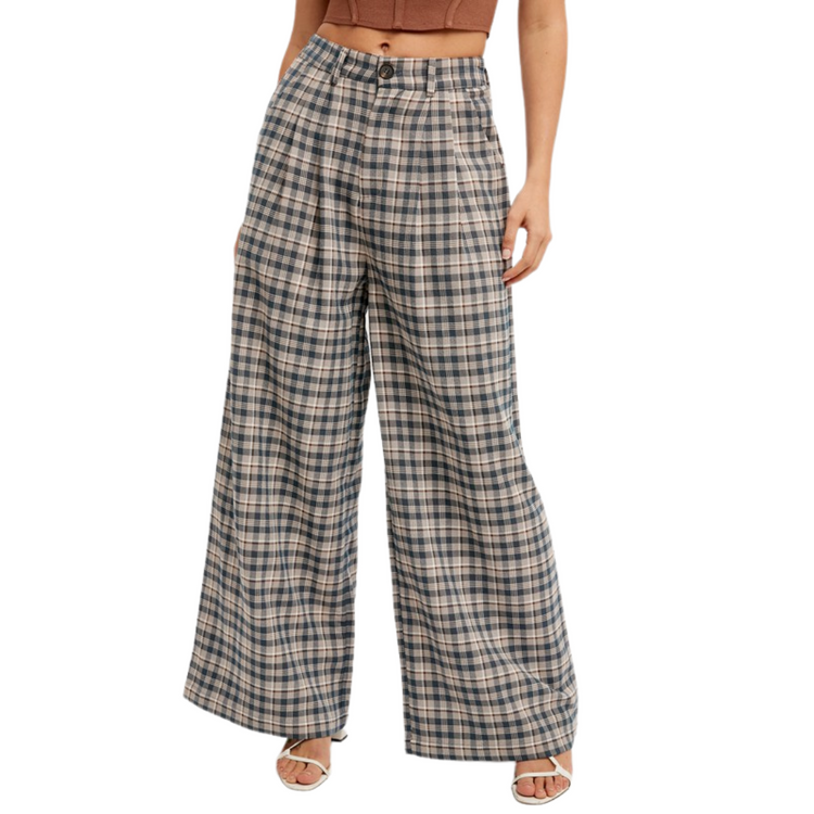 Blue Plaid Pleated Wide Let Pants