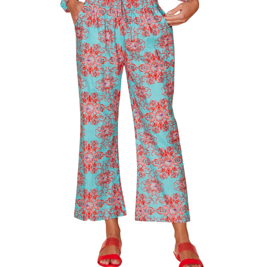 Turquoise with Coral Pink Floral Print High Waist Elastic Cotton Drawstring Pants