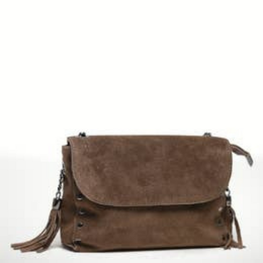 Camel Italian Suede Leather Shoulder Purse with Fixed Leather Chain Strap