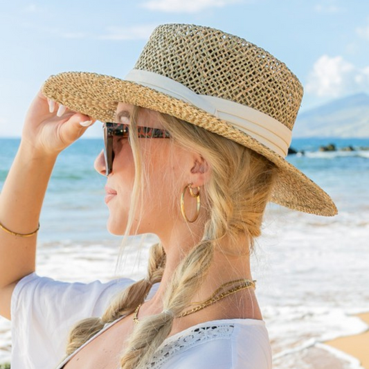 Natural Seagrass Panama Hat Fedora Hat w Beige Hat Band