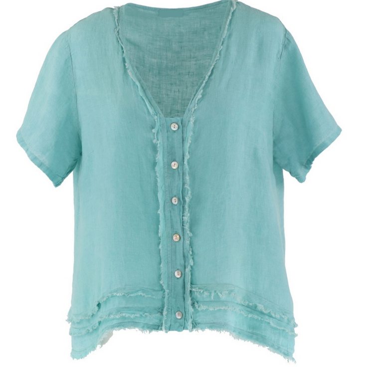 Aquamarine Italian Linen Button Front Short Sleeve Tunic