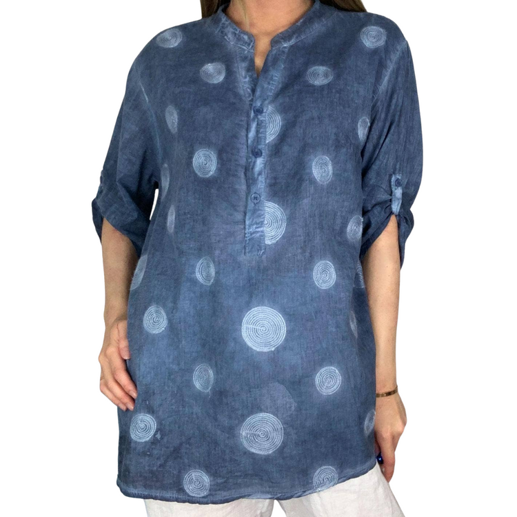 Faded Blue Embroidered Circles Detail Italian Collarless Long Sleeve V-Neck Shirt