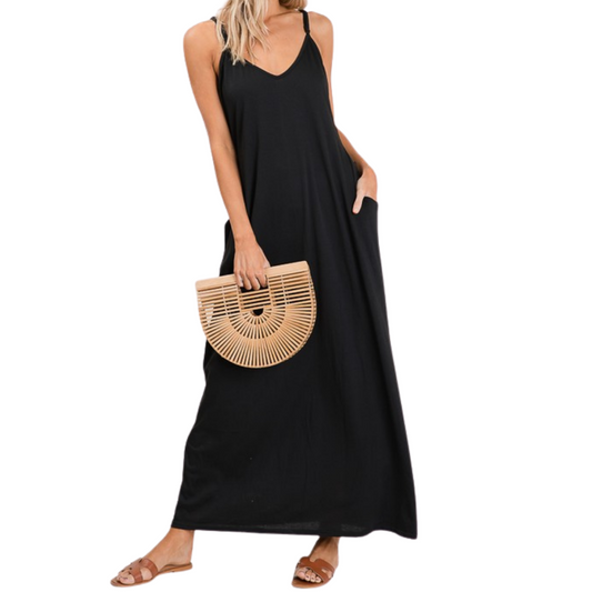 Classic Black Spaghetti Strap Maxi Dress with Pockets