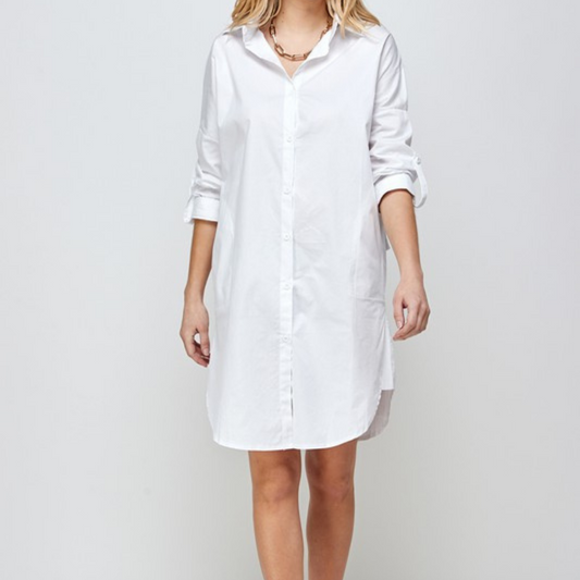 Oversized Boyfriend White Shirt Dress with Side Slit Pockets