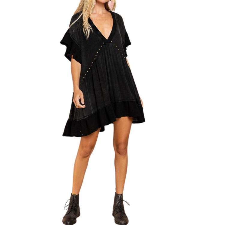 Black Gold Studded A-Line V-Neck Bell Sleeve Loose Tunic Top Dress