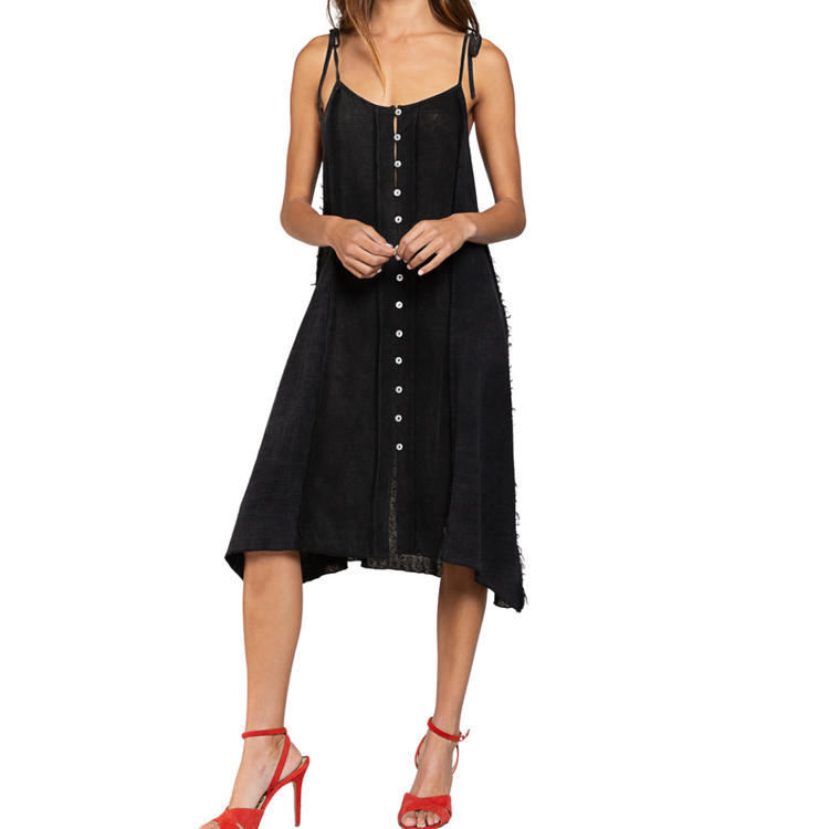 Black Button Down Shoulder Tie Knee Length Dress with Raw Edge Detailing and Contrast Fabric Panels