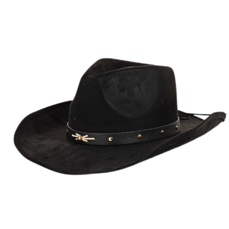 Black Felt Faux Suede Cowboy Cowgirl Hat with Brass Studded Black Hat Band