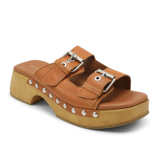 McRoger Brown Tan Open Toe Double Adjustable Strap Leather Clog