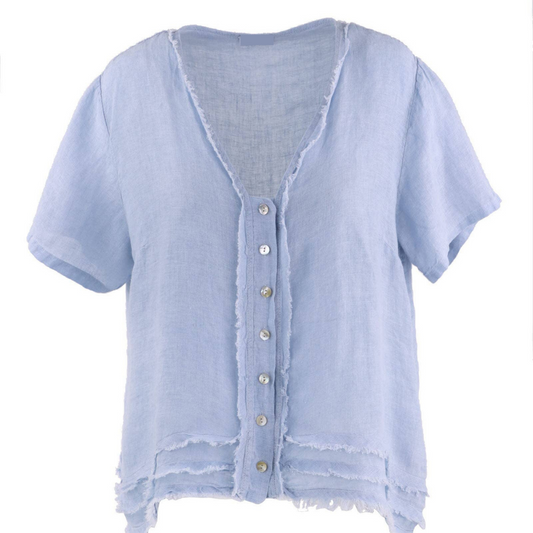 Sky Blue Italian Linen Button Front Short Sleeve Tunic