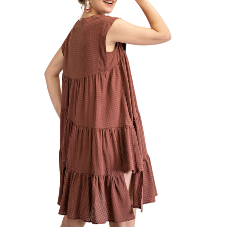 Brown Checkered Sleeveless Tiered Ruffled Asymmetrical Shirt Dress