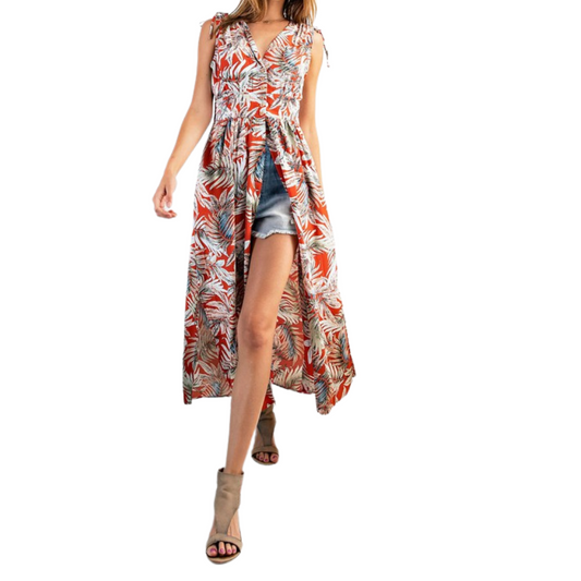 Tropical Sleeveless Button Upper with Open Front Slit Chiffon Maxi Kimono