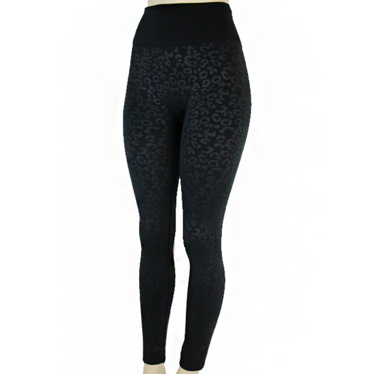 Fleece Lined Leopard Embossed Black Leggings with Thick High Waist Band